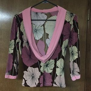 Deep Cowl neck 3/4 sleeve pink floral sexy shirt